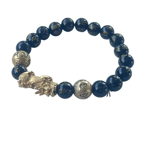 Feng Shui Black Obsidian Bead Bracelet with Gold Pixiu Charm for Protection and - Picture 3 of 6